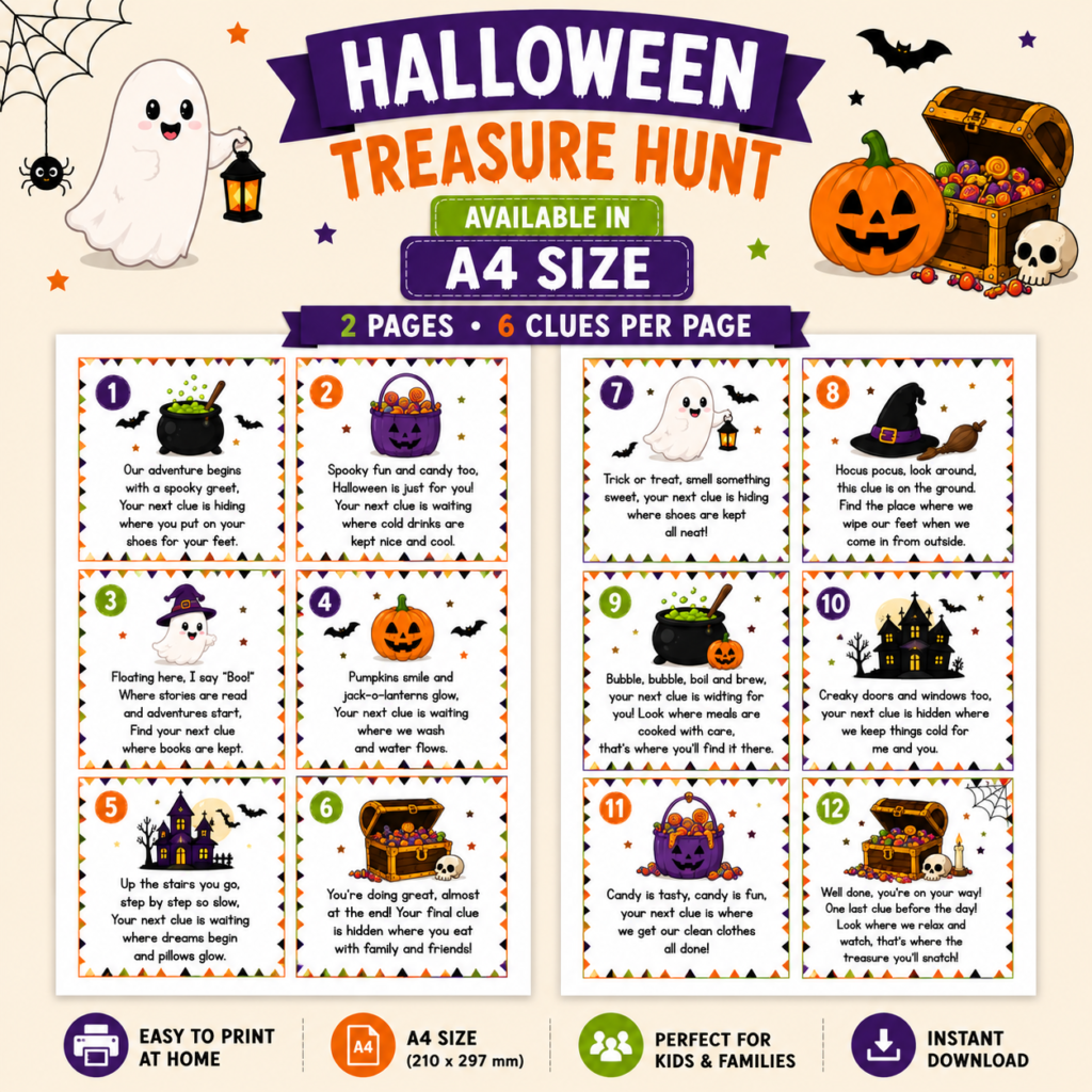 Halloween party game in a4 size with 6 clues per page
