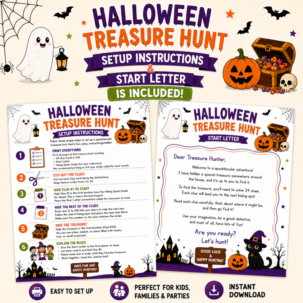 Halloween treasure hunt with setup instructions and start letter
