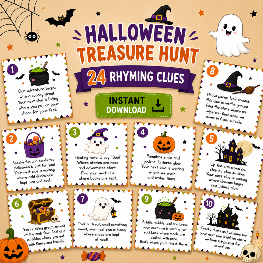 Halloween Treasure Hunt with 25 rhyming clues instant download