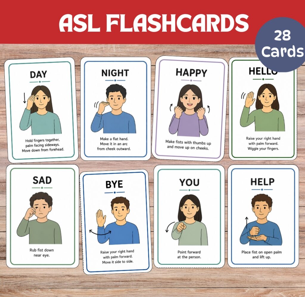Printable ASL flashcard set for kids and classrooms.