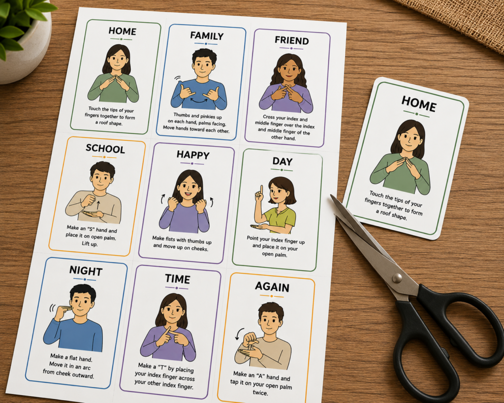 Children learning the ASL alphabet with printable flashcards.