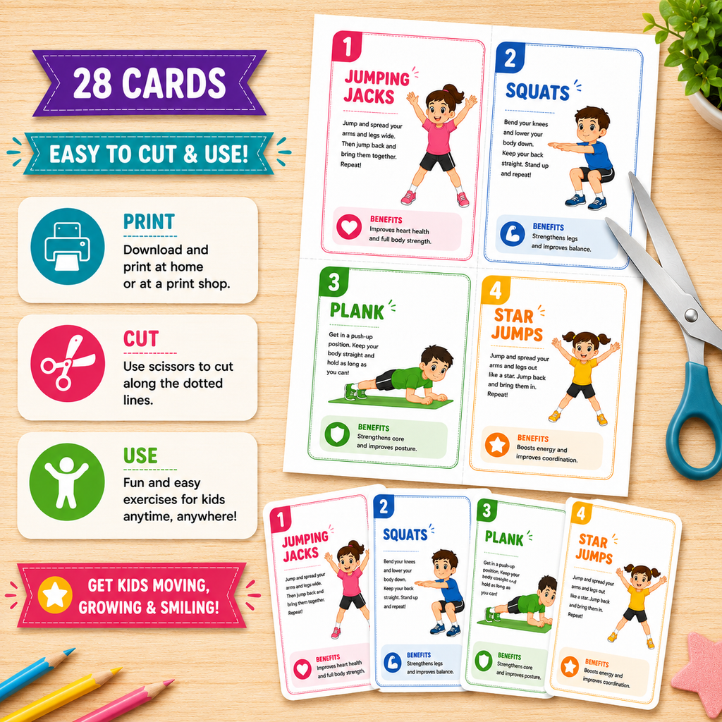 Printable exercise cards easy to cut & use at home.