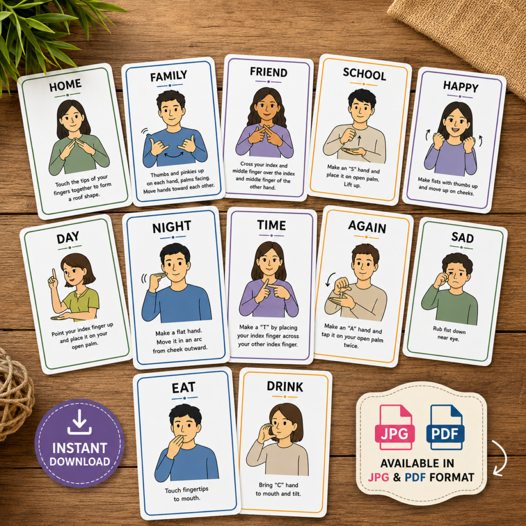 Children American Sign Language Cards in JPG and PDF Format