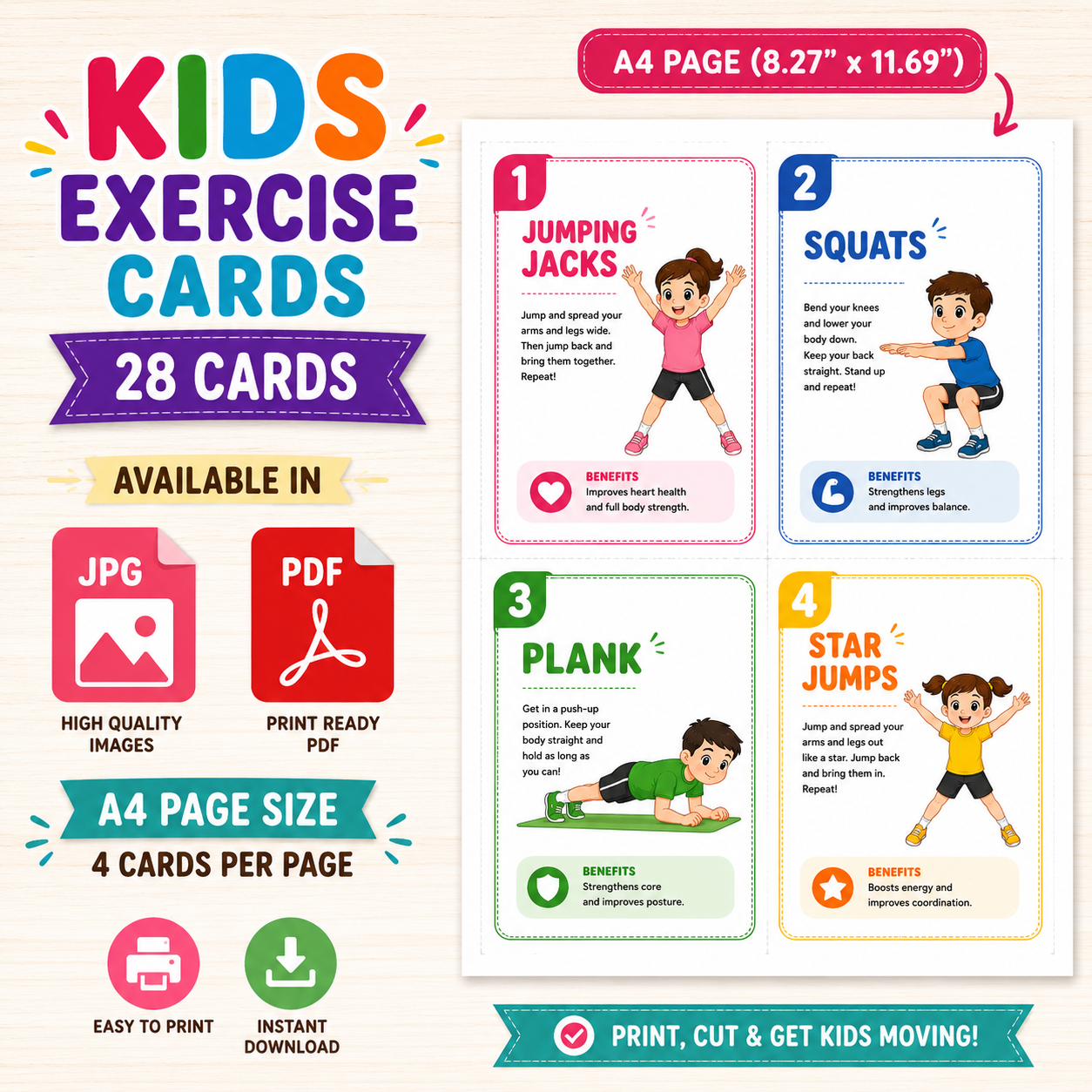 Kids Yoga cards available in jpg and pdf format.