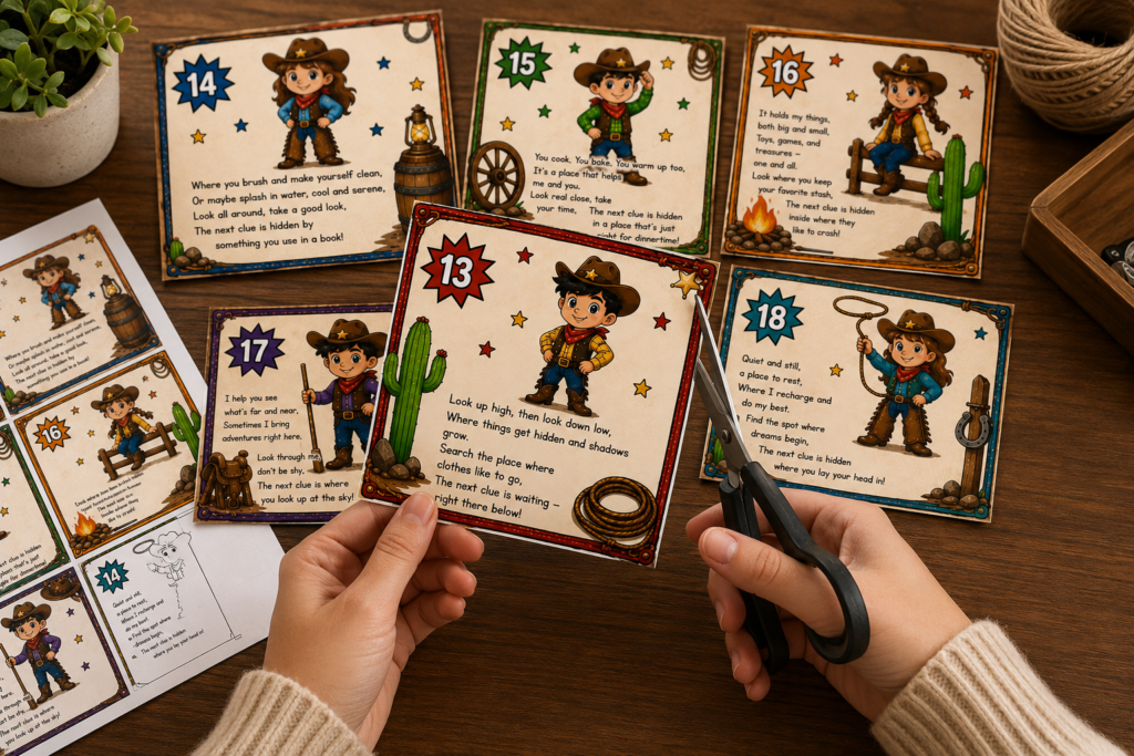 Cowboy treasure hunt for kids with Western clues and treasure chest.