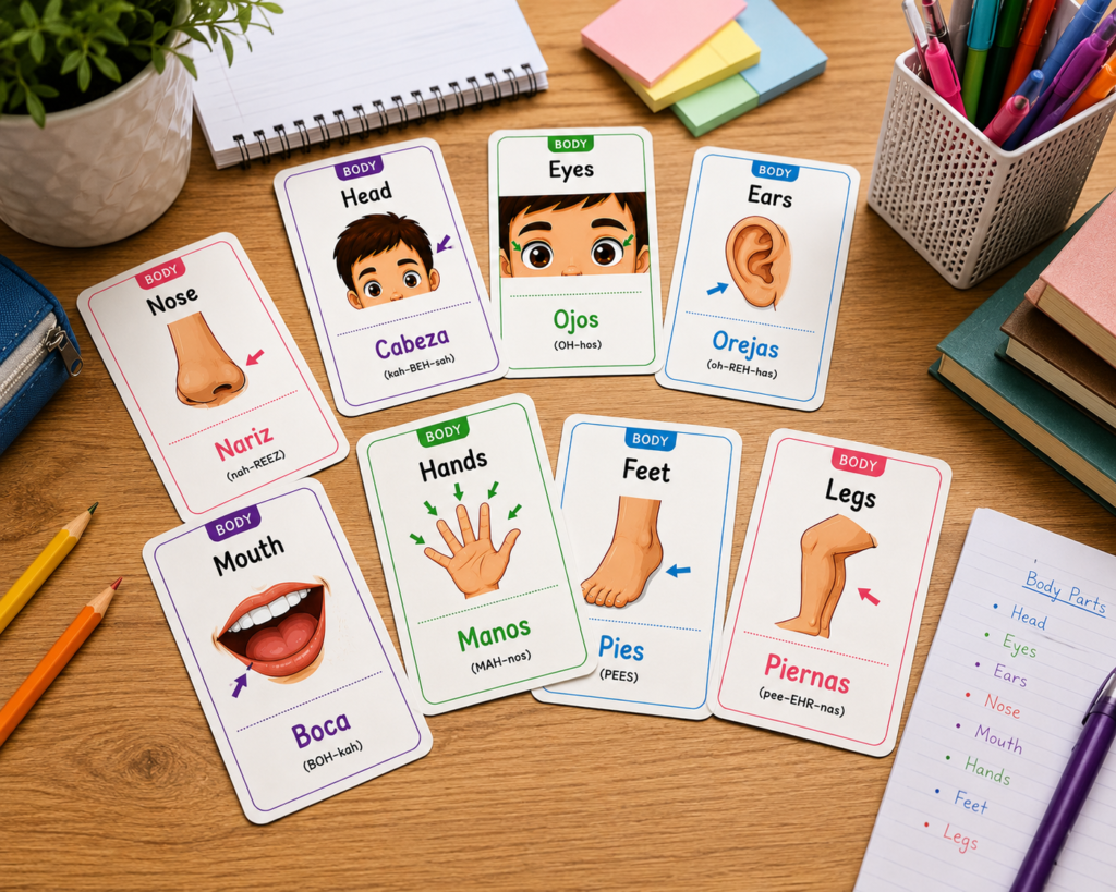 Printable English–Spanish body parts flashcards ready to print.