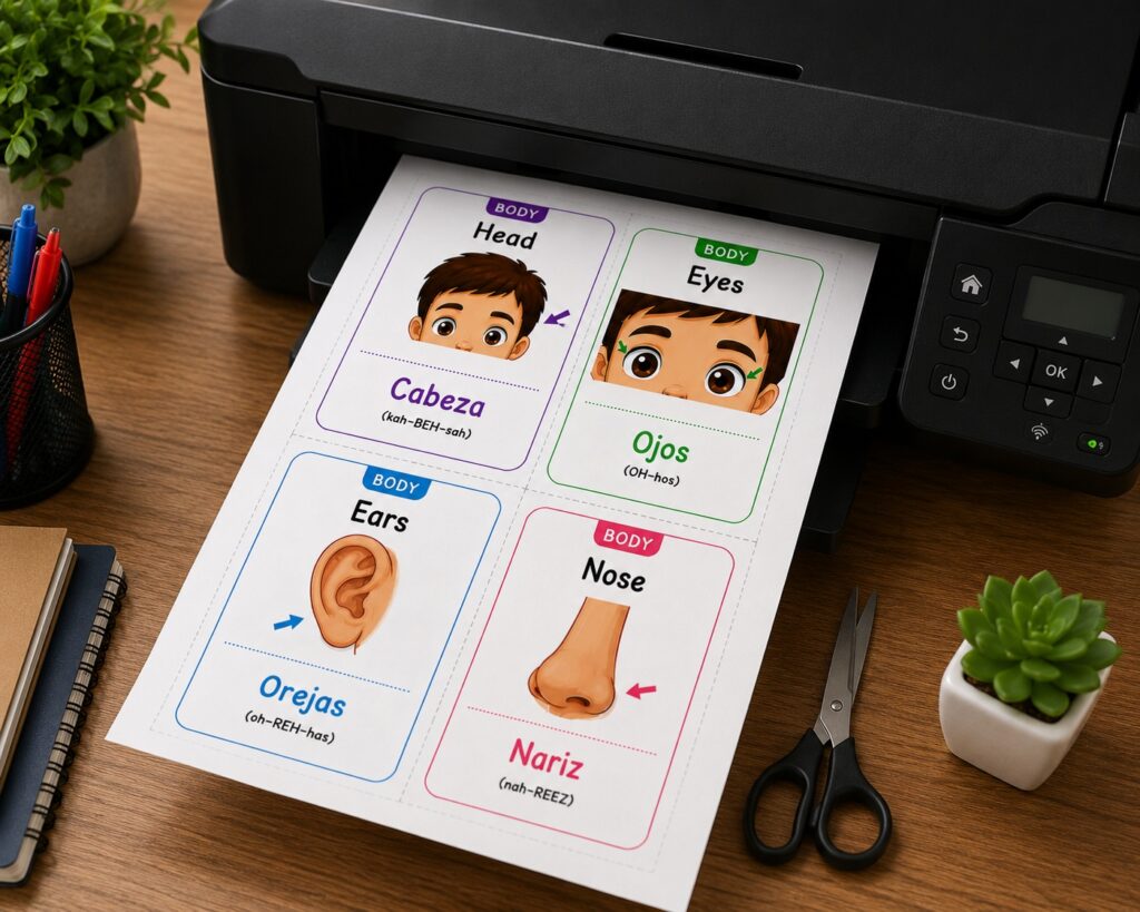 Printable bilingual body parts flashcards in English and Spanish.