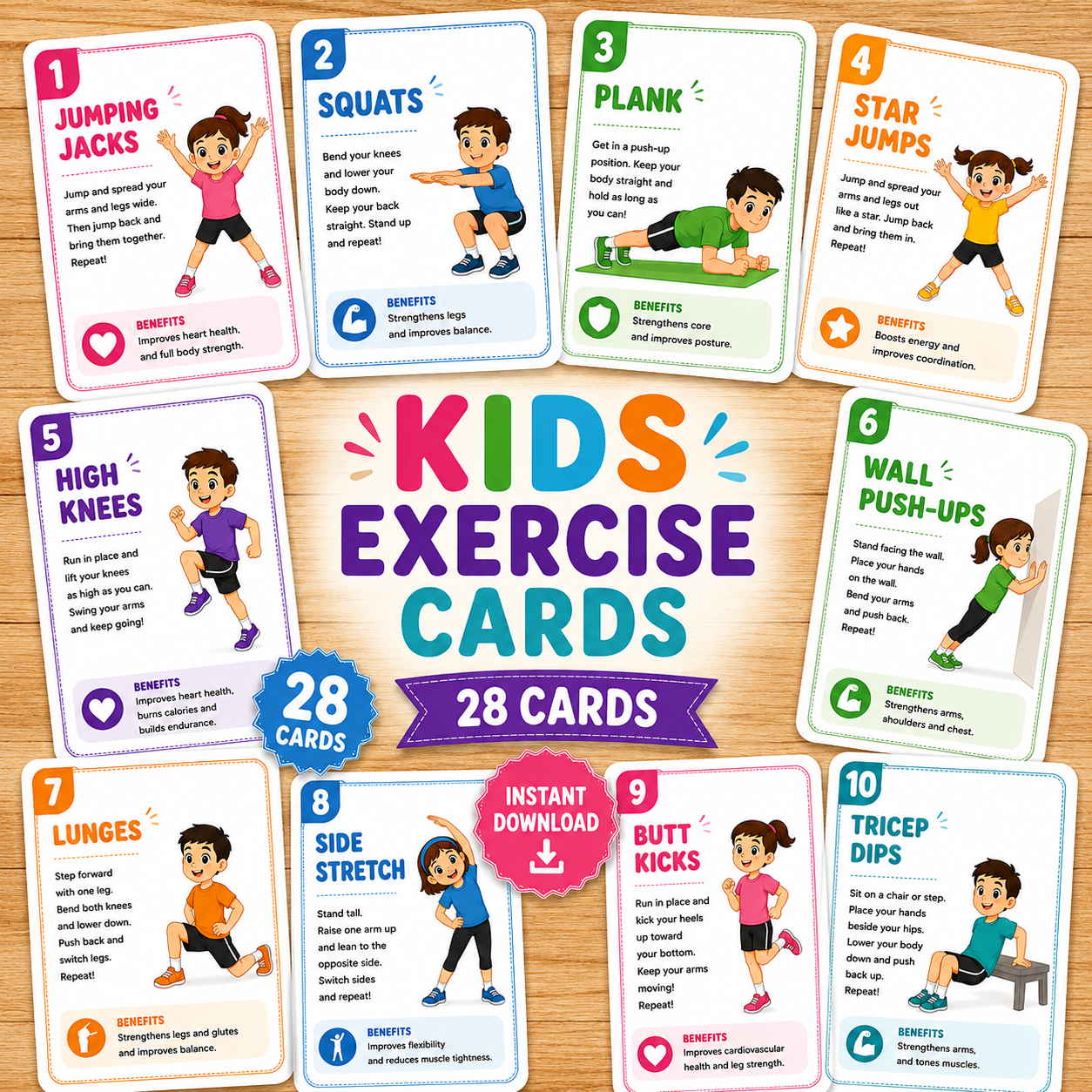 Kids exercise cards 28 cards instant donwload.