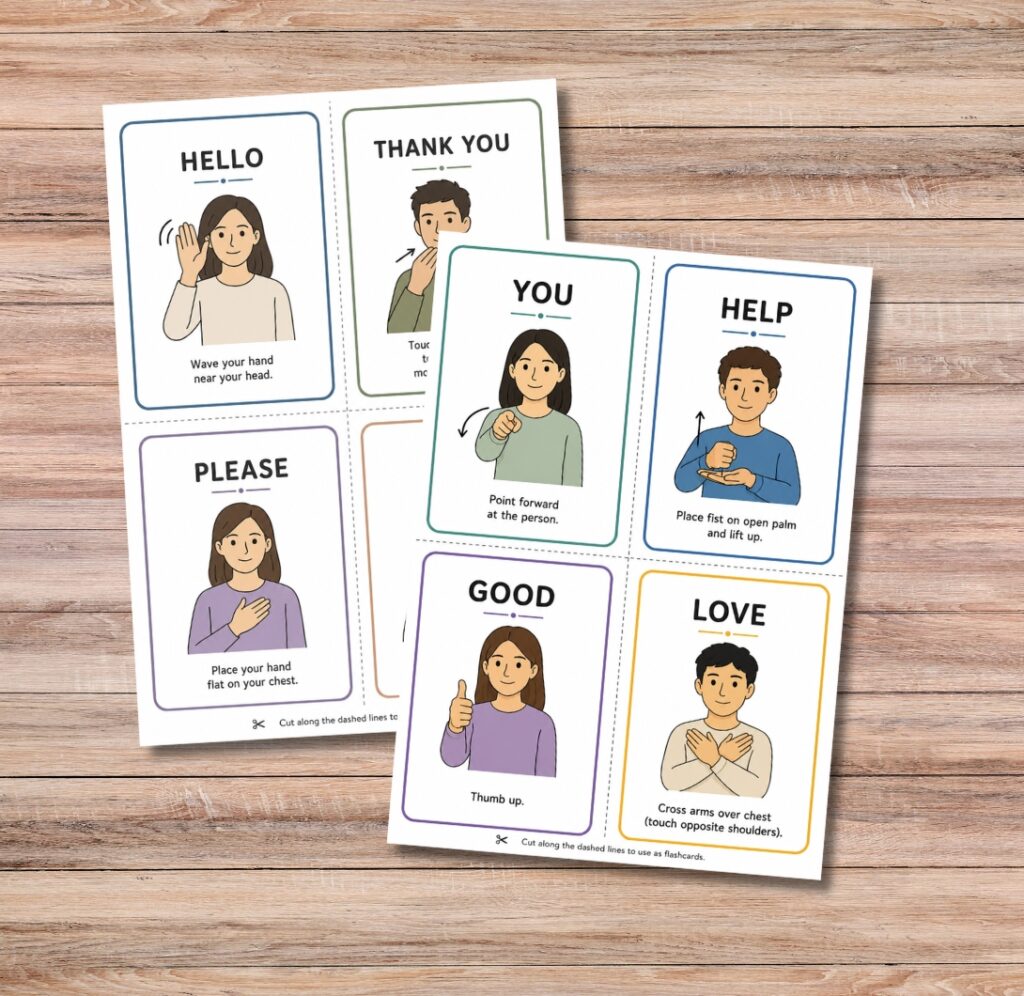 Printable American Sign Language flashcards displayed before cutting.