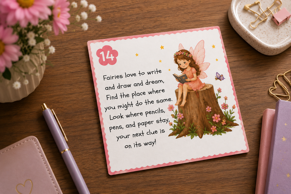 Fairy treasure hunt printable for kids and birthday parties.