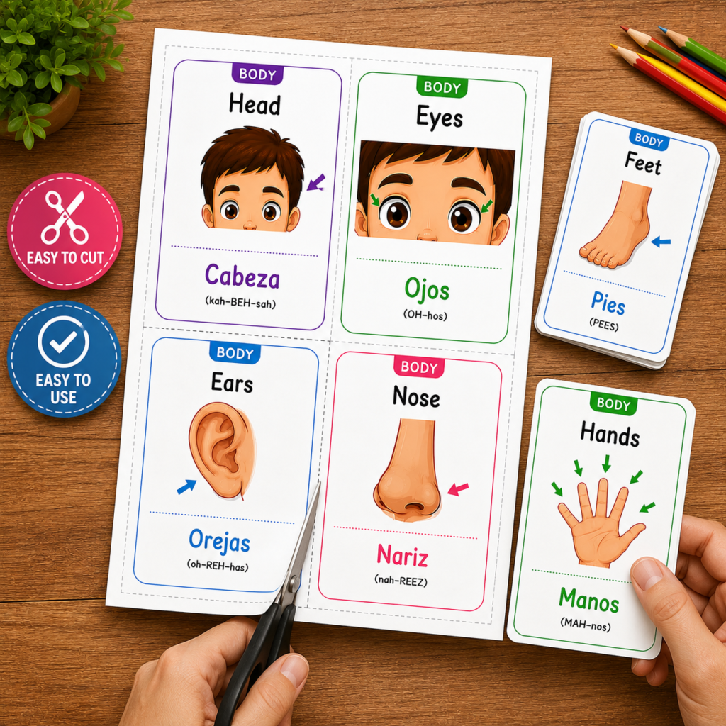 learning body parts in English and Spanish.