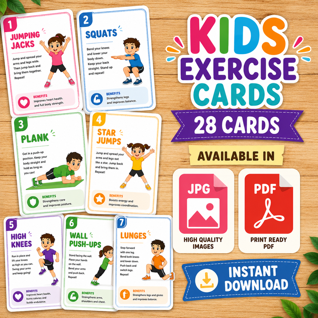 Kids yoga poses cards in jpg and pdf format.