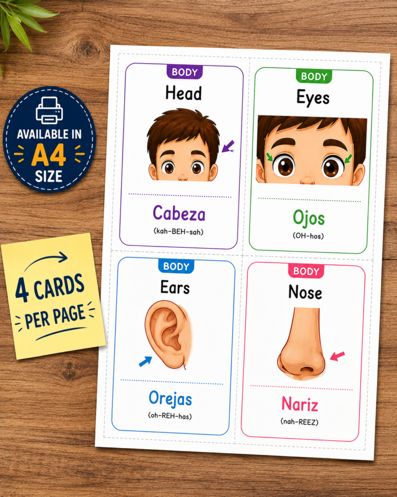 Printable bilingual body parts flashcards for preschool children.