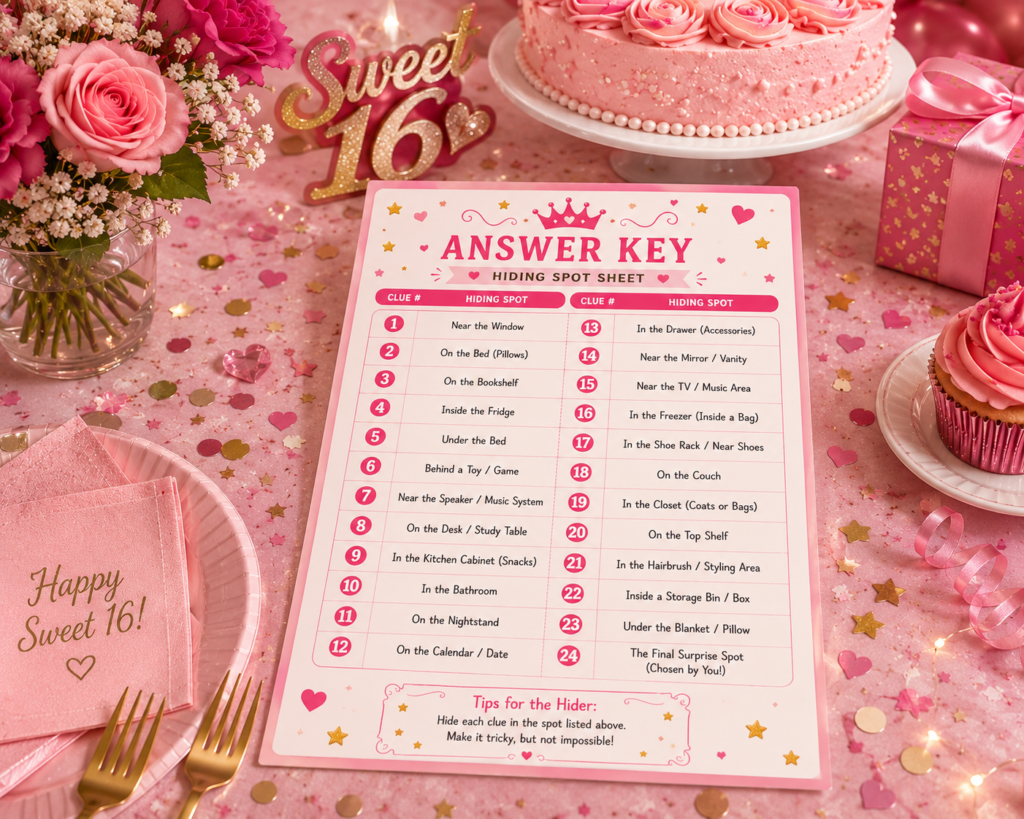 Indoor Sweet Sixteen treasure hunt clues and birthday decorations.
