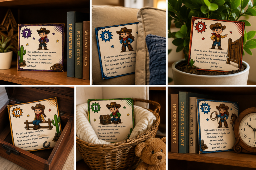Printable cowboy treasure hunt clues for kids.