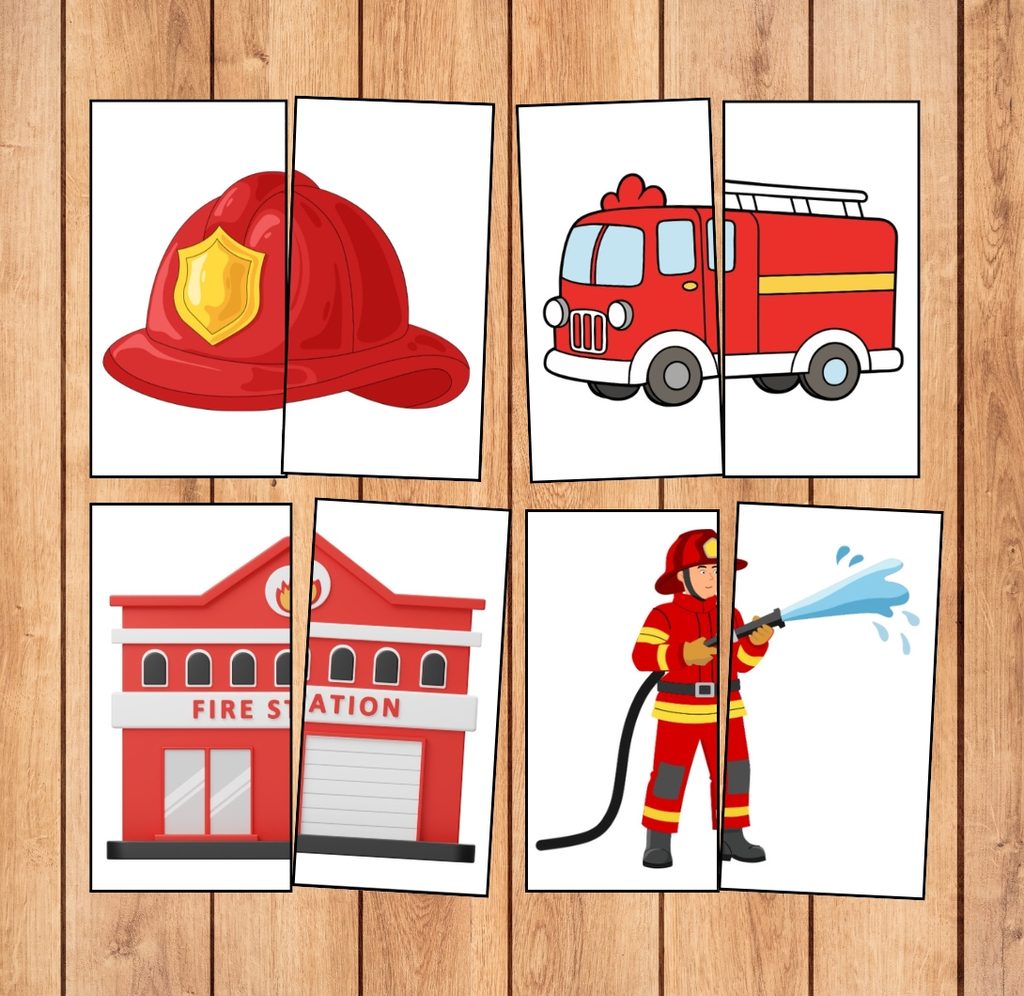Firefighter memory matching game for kids with picture cards