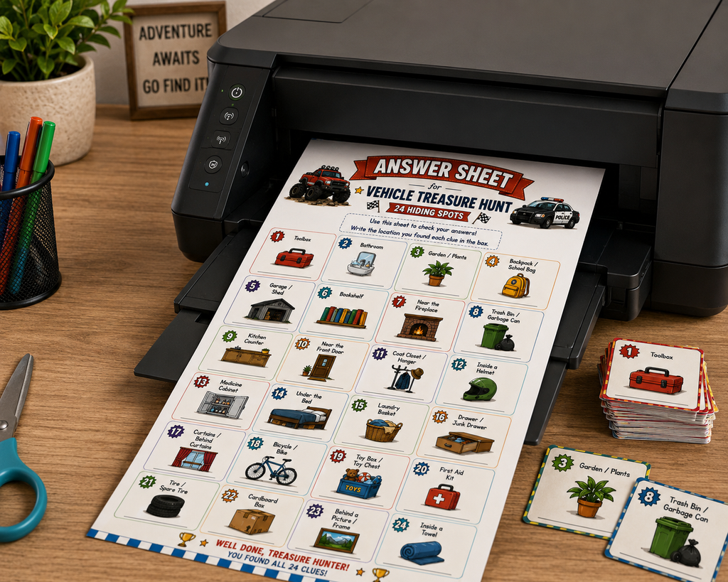 Vehicle treasure hunt activity for kids.